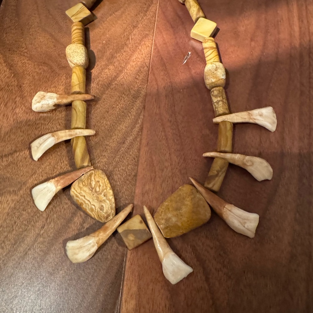 Unique tooth and natural stone beaded necklace